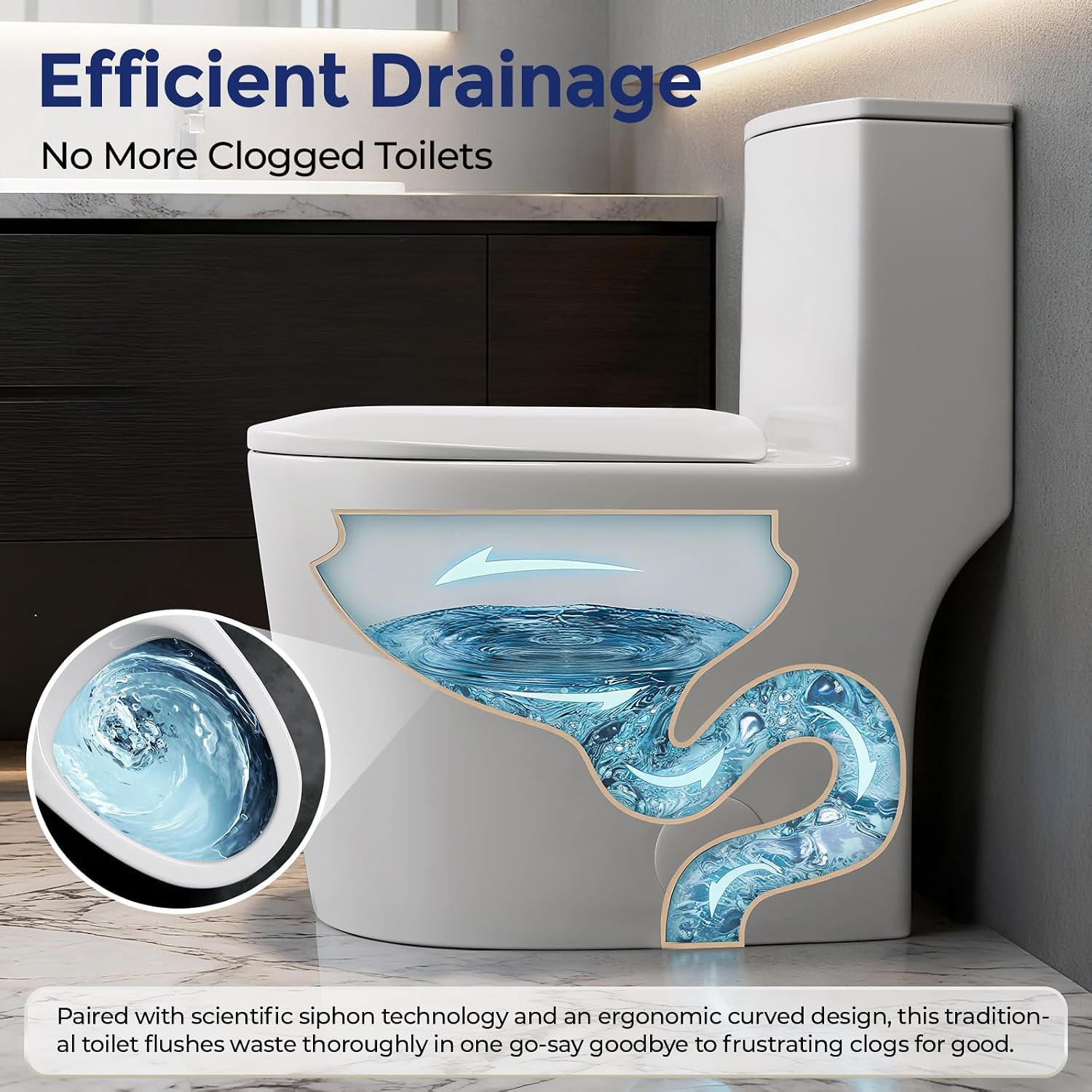 17'' ADA Comfort-Height One Piece Toilet,Soft-Close Seat, Dual Flush Siphon 1.14/1.58 GPF,White Toilet Bowl for Bathroom,Easy-Access Comfort-Rise Design