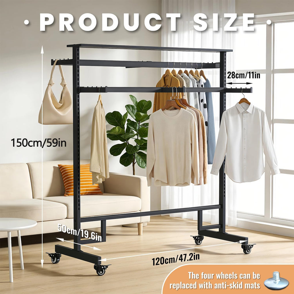 Retail Clothing Rack with wheels, 6 Arms Commercial Clothing Display, Height Adjustable Garment Rack, Free Standing Metal Clothing Rack, for Retail clothing store Home Laundry Room (black)