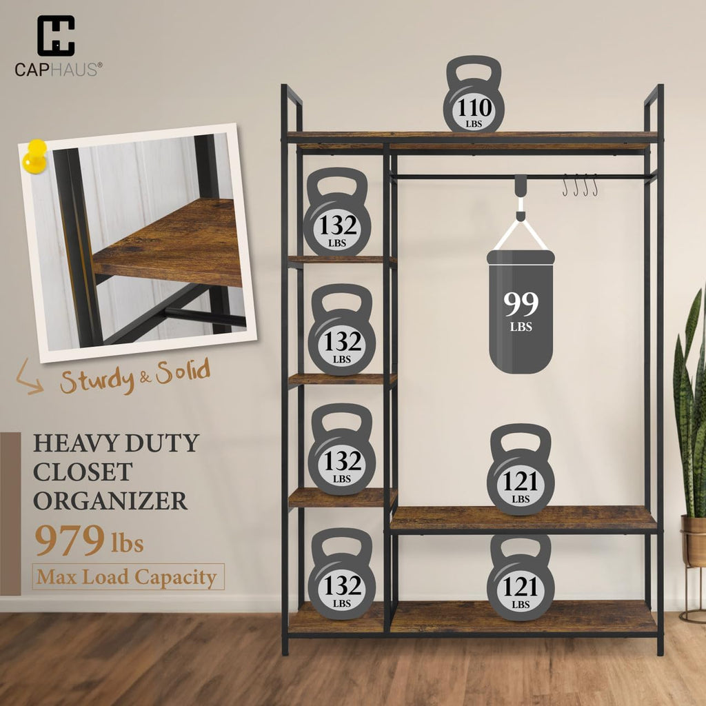 CAPHAUS 979lbs Capacity Garment Rack for Hanging Clothes, Heavy Duty Open Wardrobe w/Hanging Rods & Fabric Drawers, Free Standing Closet Organizer, Metal Closet Rack w/Rustic Oak Wooden Shelves