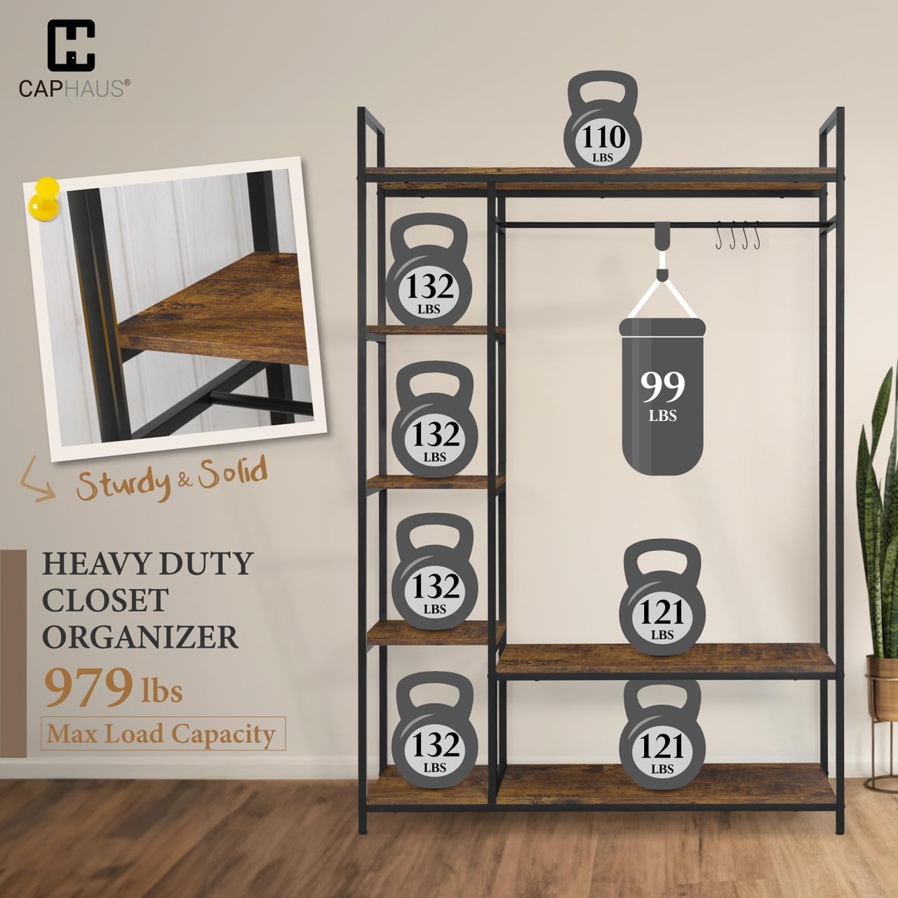 CAPHAUS 979lbs Capacity Garment Rack for Hanging Clothes, Heavy Duty Open Wardrobe w/Hanging Rods & Fabric Drawers, Free Standing Closet Organizer, Metal Closet Rack w/Rustic Oak Wooden Shelves