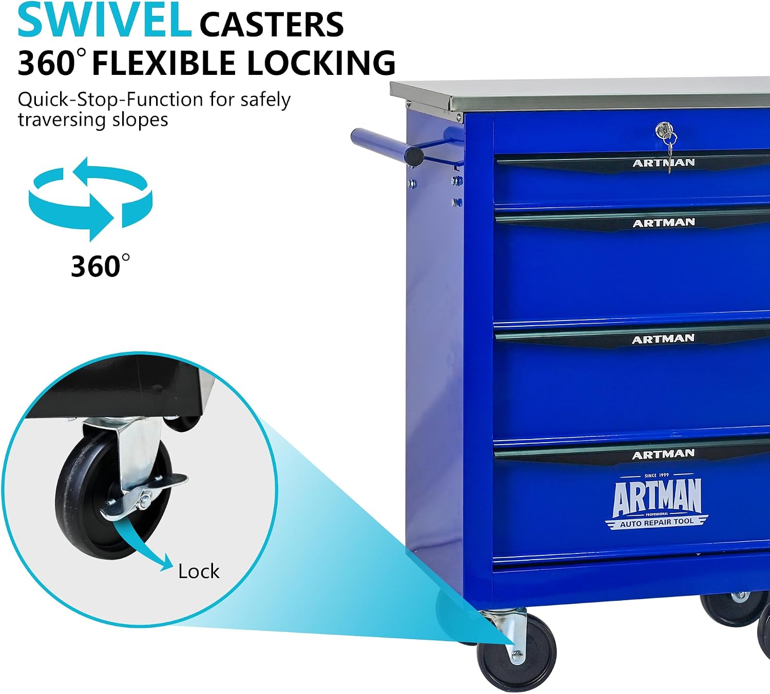 4 Drawers Tool Cart on Wheels with Stainless Steel Worktop, Heavy Duty Mobile Rolling Drawer Tool Chest with Locking Wheels & Lockable Drawers, Garage Tool Storage Cabinet (Blue, 4 Drawers)