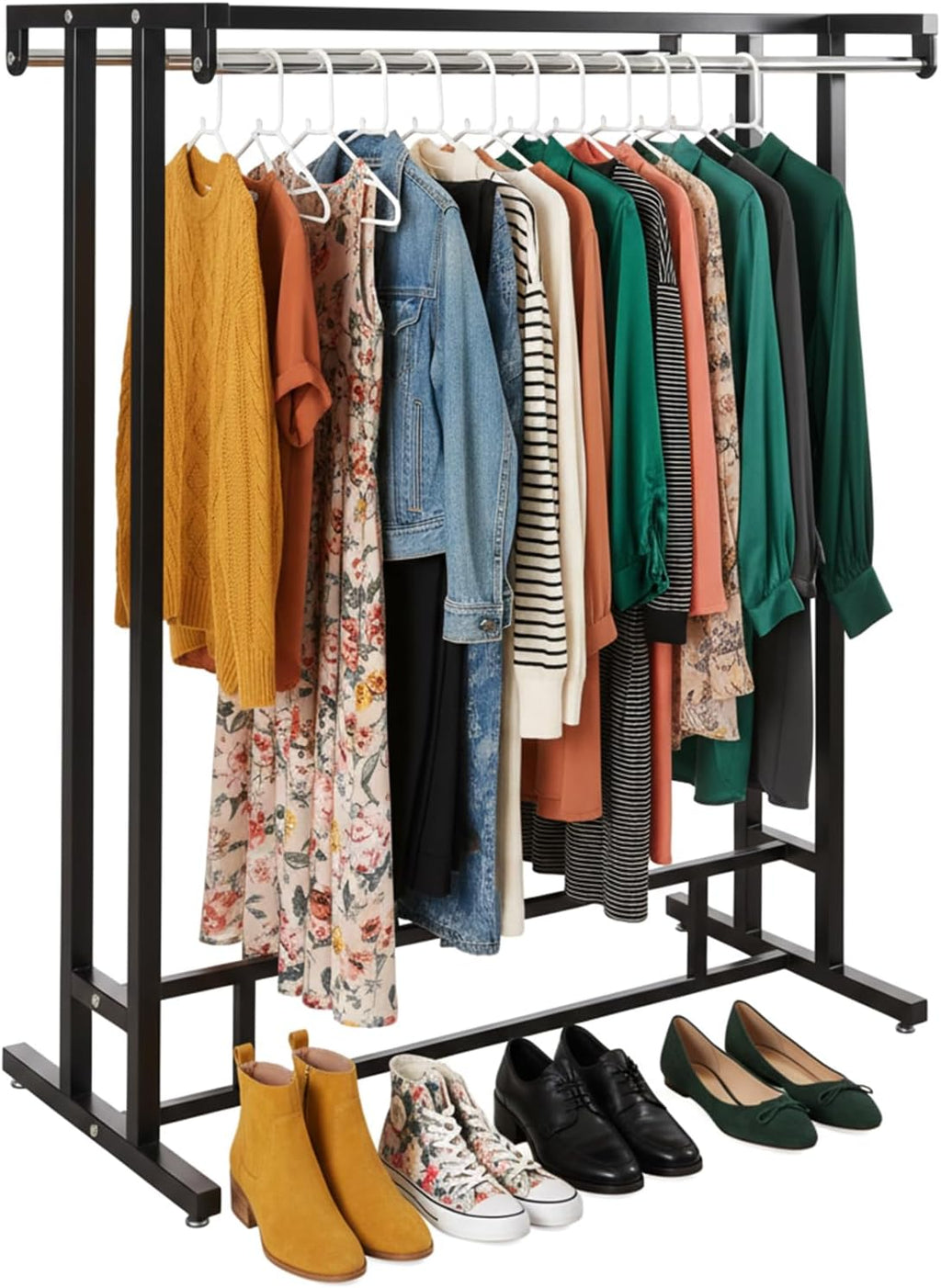 MyGift Black Clothes Rack for Bedroom Laundry Living Room, Heavy Duty Double Rod portable Freestanding Garment Rack Clothing Hanger Stand with Built-In Shelf and Storage