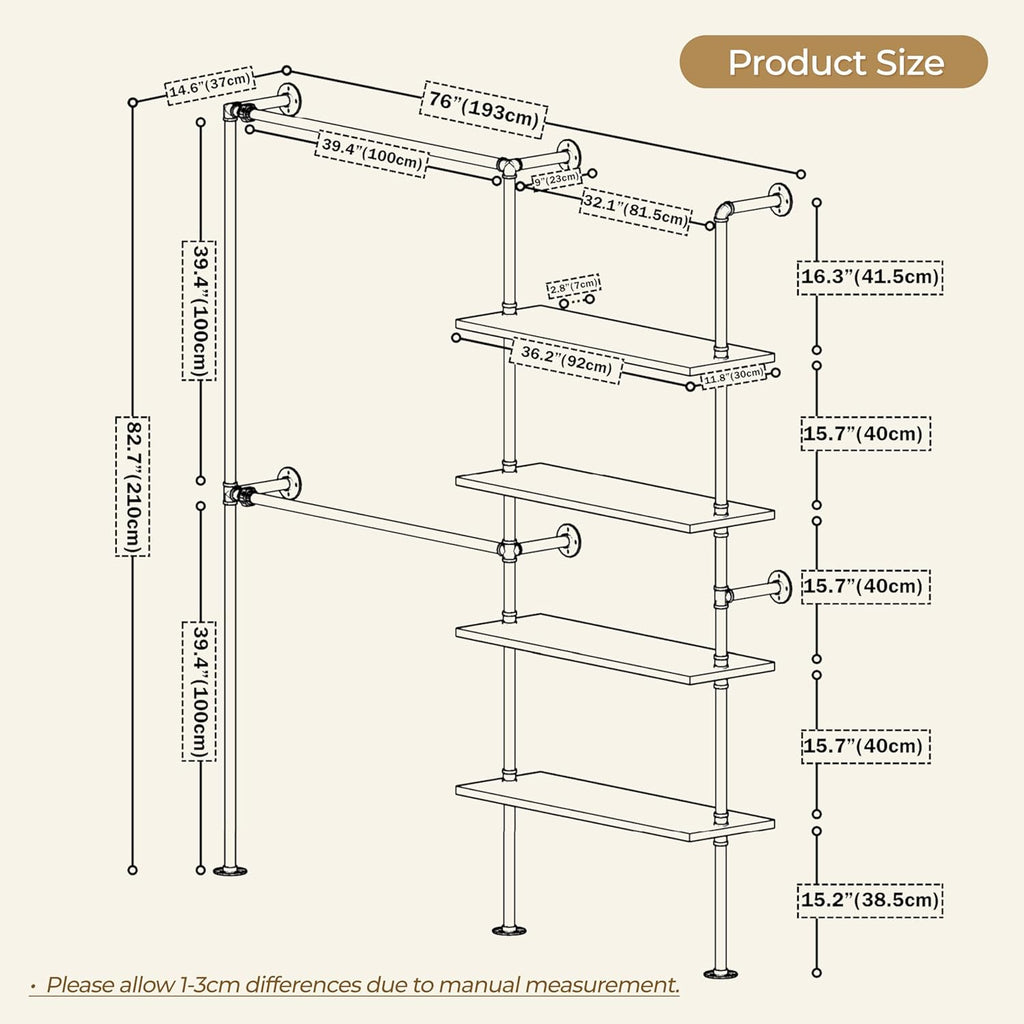Industrial Pipe Clothing Rack, Wall Mounted Garment Black Wall Hanging Clothing Rack, Heavy Duty Clothes Rack for Walk in Closet Storage, Laundry Room, 14.6x76x82.7 Inches, Model Y02