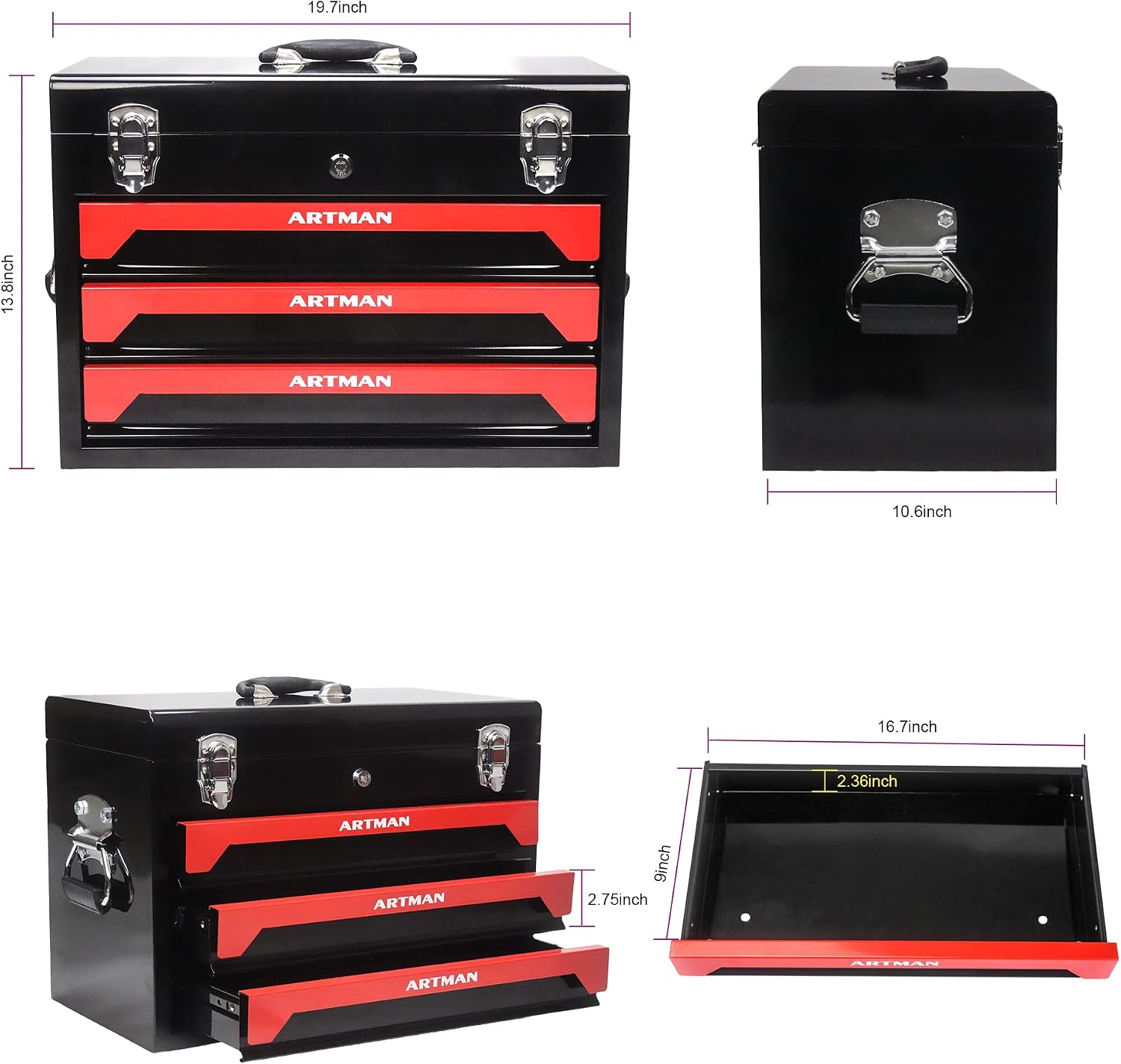 RYH 20' Portable 3-Drawer Steel Toolbox with Lock - Heavy Duty Tool Box Set for Mechanics, Electricians & Home Improvement | Includes Socket Wrench, Pliers, | Gift for Men, Handymen (Black+red)