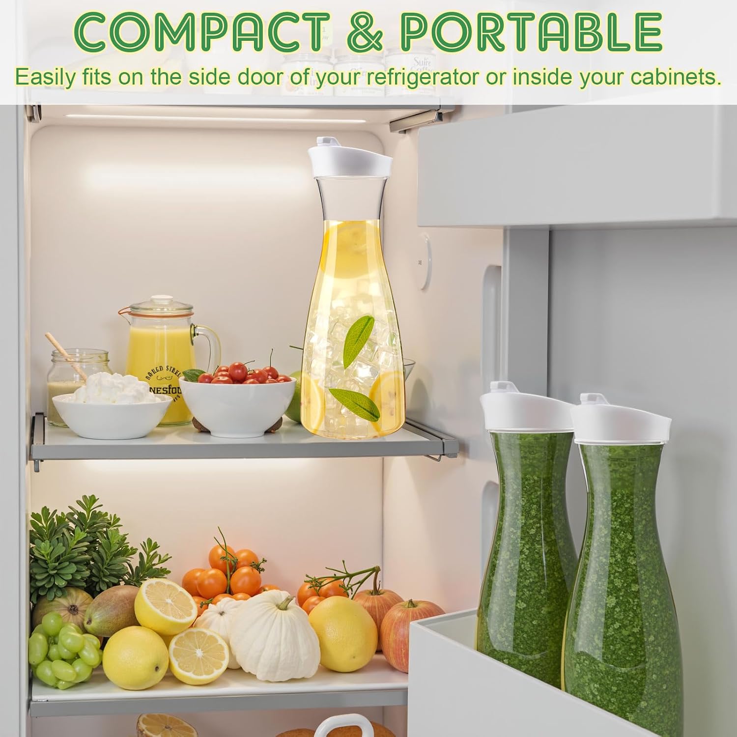 Reallnaive 30 Packs Plastic Carafe with Lids, 34 oz Clear Mimosa Juice Containers, Acrylic Beverage Carafe Pitcher Drink Containers for Fridge Outdoor Iced Tea Juice Party Mimosa Bar(Trendy)