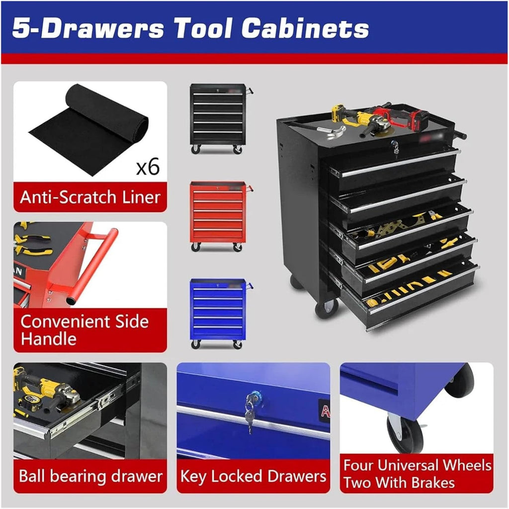 Tool Box 5-Drawers Tool Cabinets On Wheels, Rolling Tool Chest with Drawers, Tool Box with Keyed Locking System, Workshop Hardware Toolbox(Green)