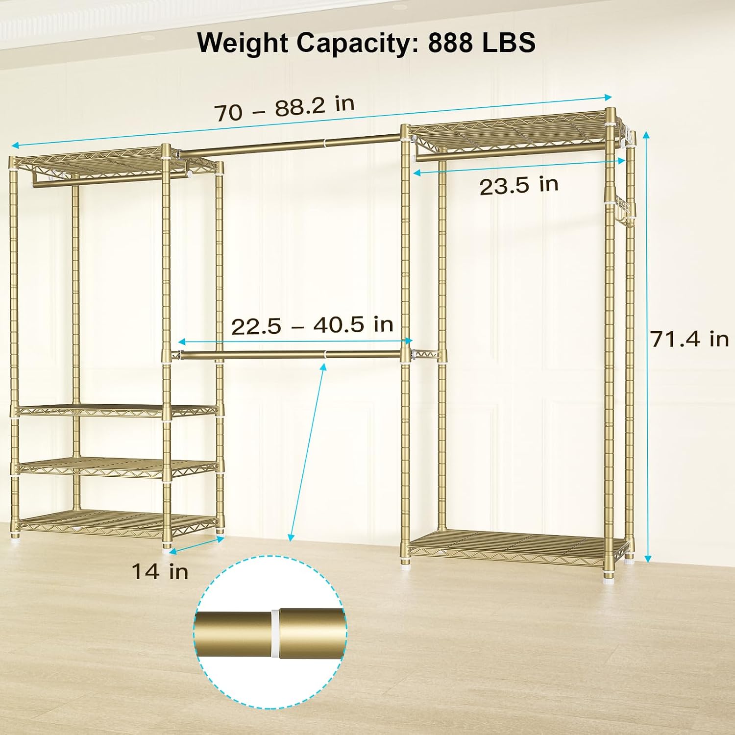 Ulif E1 Heavy Duty Closet Garment Rack, 6 Tiers Adjustable Metal Freestanding Expandable Clothing Storage with 4 Hanger Rods, Easy to Assemble Wardrobe, 71.4' H x (70' - 88.2') L x 14' D, Gold