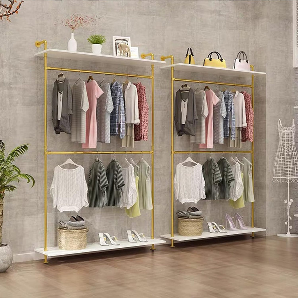 Modern Simple 2 Tier Industrial Pipe and Wood Garment Rack,Wall Mounted Double Hanging Rods Clothing Rack,Retail Display Storage Clothes Hanging Shelves (One Shelves,Gold, 47.2'L)