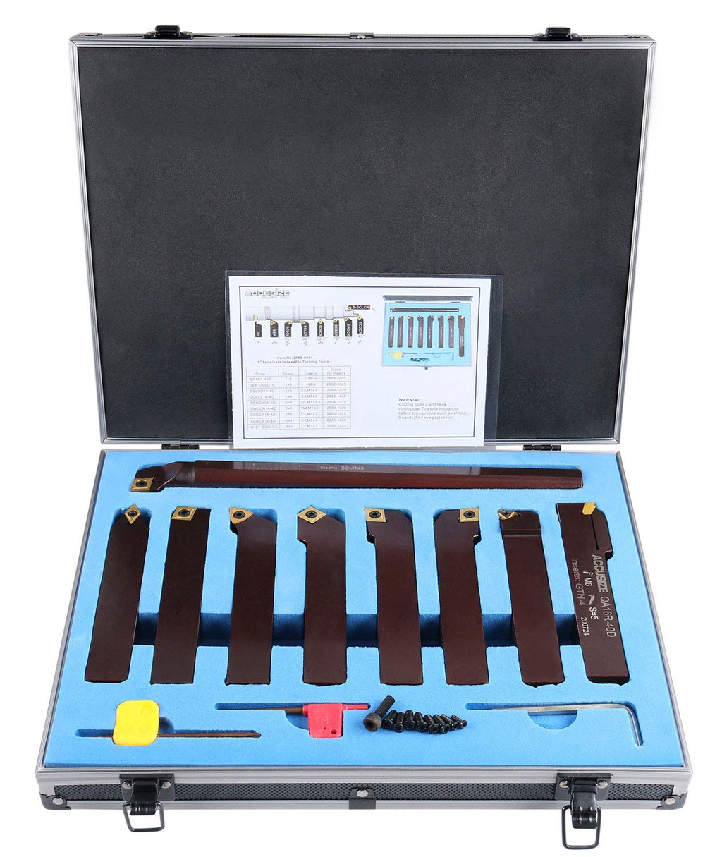 Accusize Industrial Tools 1' 9 Pieces/Set, Indexable Carbide Turning Tools and Boring Bar, 2988-0001 | TiN-Coated C6 Carbide Inserts for Steel, 9-Piece Indexable Turning and Boring Set