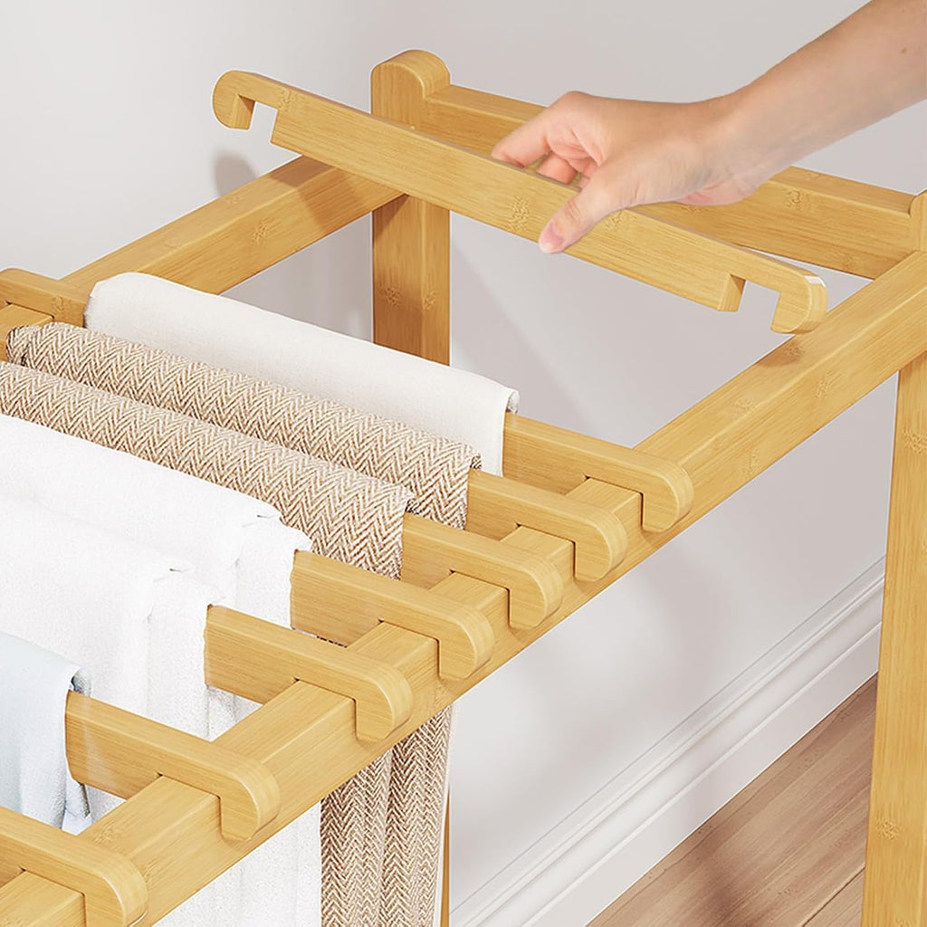 Natural Wood Rolling Garment Rack with Wheels - Freestanding Metal Clothes Organizer for Bedroom, Laundry Room, and Closet - Perfect for Trousers, Skirts, and Scarves Storage