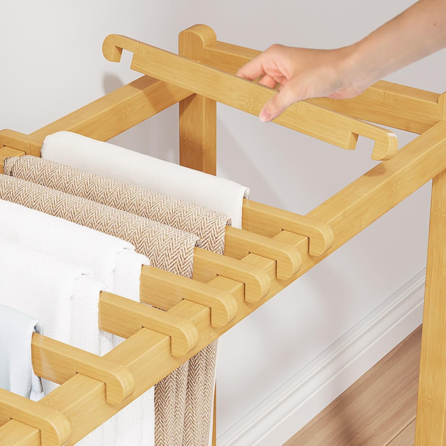 Natural Wood Rolling Garment Rack with Wheels - Freestanding Metal Clothes Organizer for Bedroom, Laundry Room, and Closet - Perfect for Trousers, Skirts, and Scarves Storage