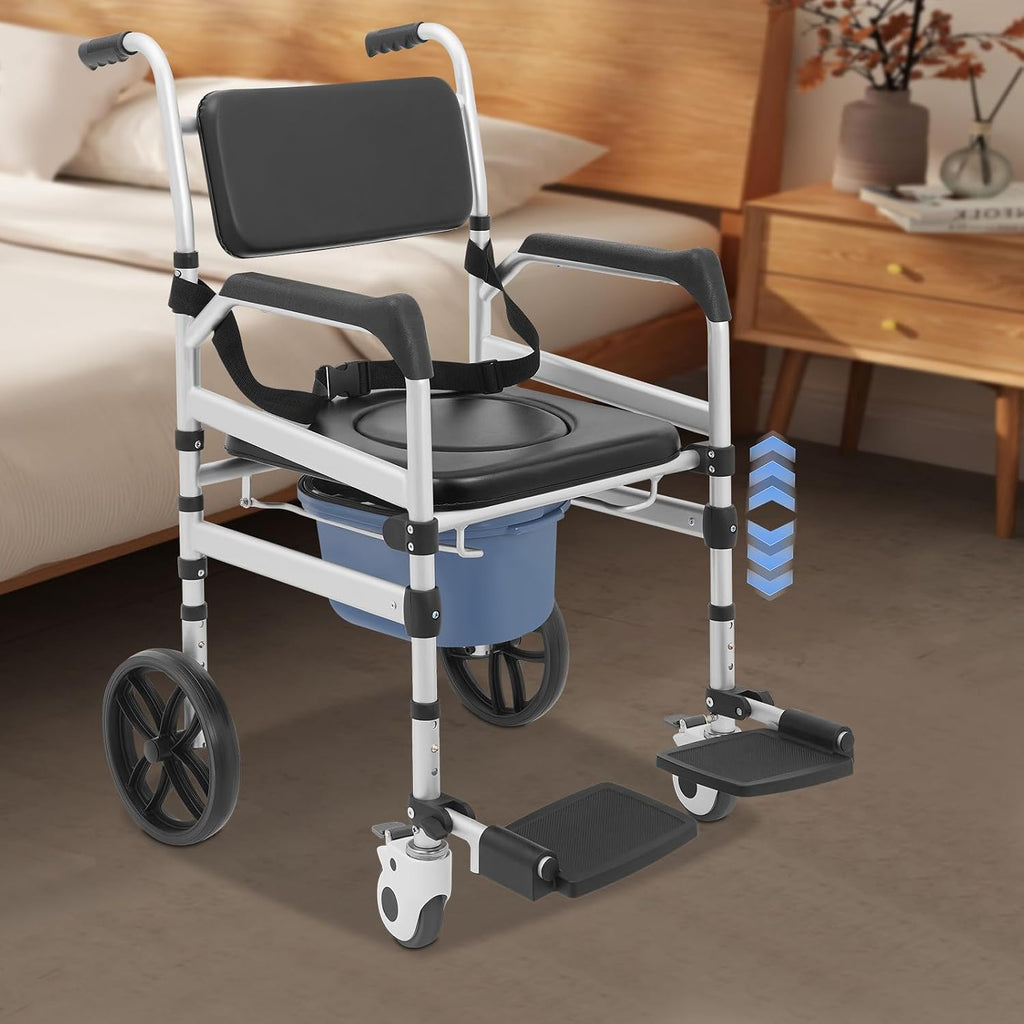Foldable Shower Chair, Shower Wheelchair with Lockable Wheels Rolling Bedside Commode for Toilet with Height Adjustable & Sponge Padded Seat for Elderly Support 330lbs+Extra Cushion (O-Shape)
