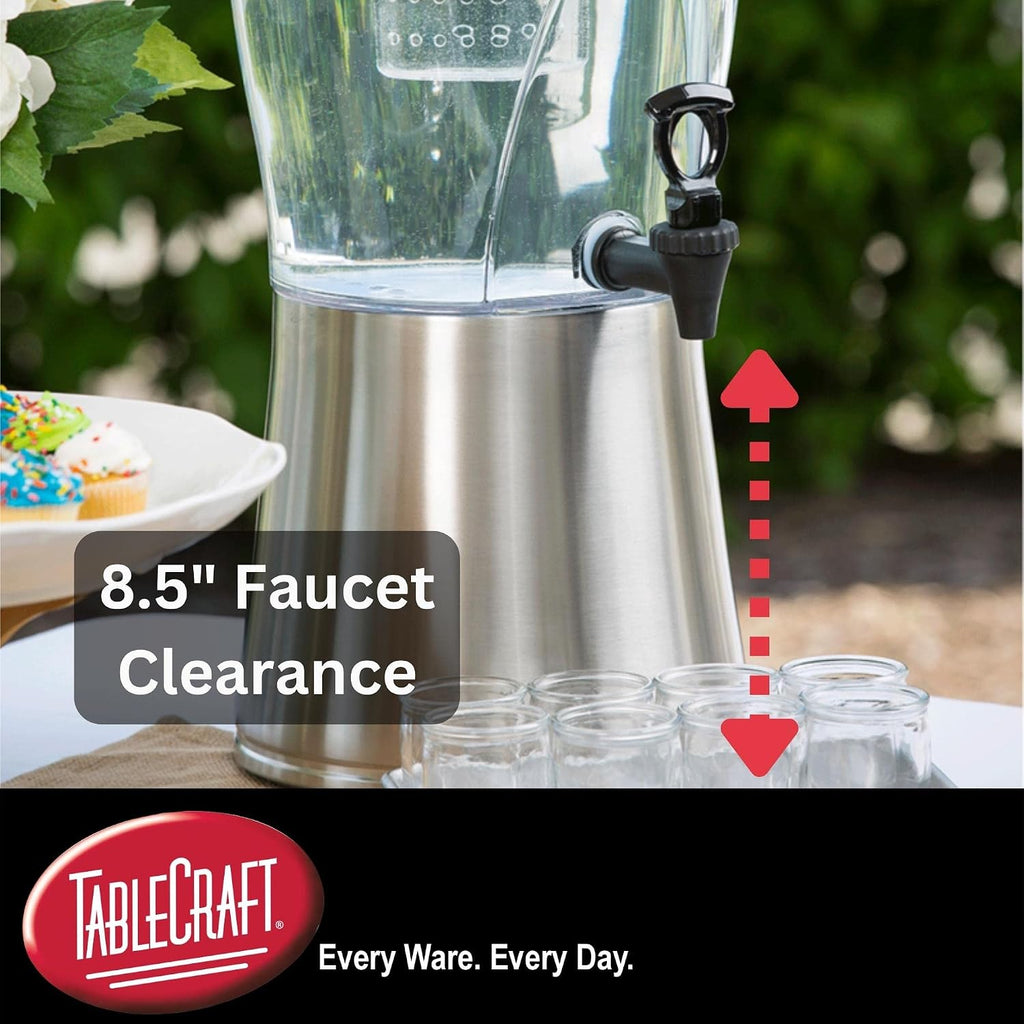 TableCraft N175 Cold Beverage Dispenser, 3.5 Gal, Stainless Steel & Tritan, 11¼' Dia x 23½', Includes Removable Infuser Tube, Clear Glass Design, BPA-Free, NSF Certified, Ideal for Events