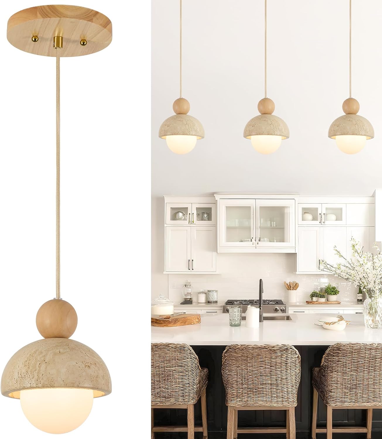 Natural Cave Stone Pendant Lights Kitchen Island Japanese Wabi Sabi Pendant Light Fixture with Wood Ceiling Plate Hanging Lamp for Hallway, Bedroom, Dining Room 3pcs