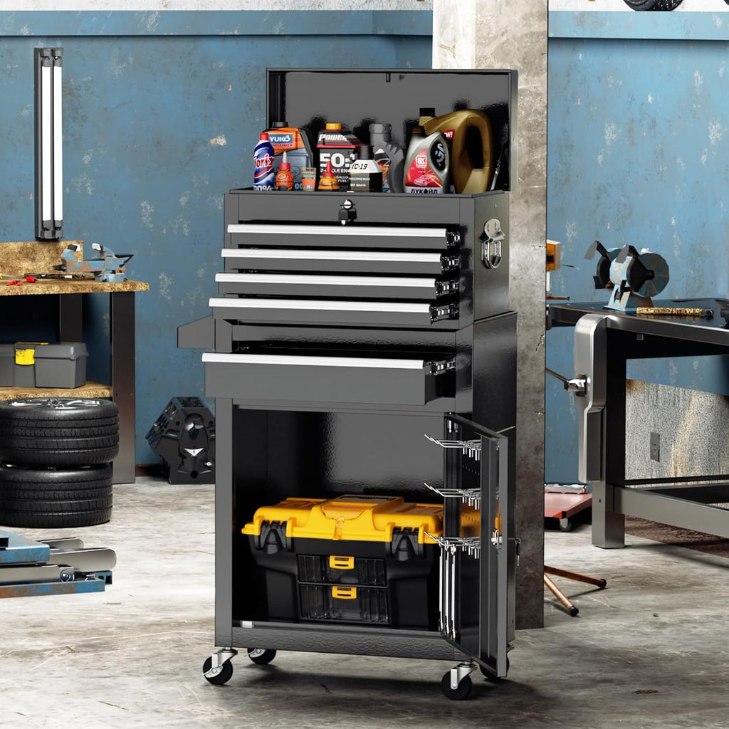 Incbruce 5-Drawer Metal Rolling Tool Chest, High Capacity Toolbox Organizer with Wheels, Detachable Tool Cabinet Top for Mechanics Garage and Workshop (Black)
