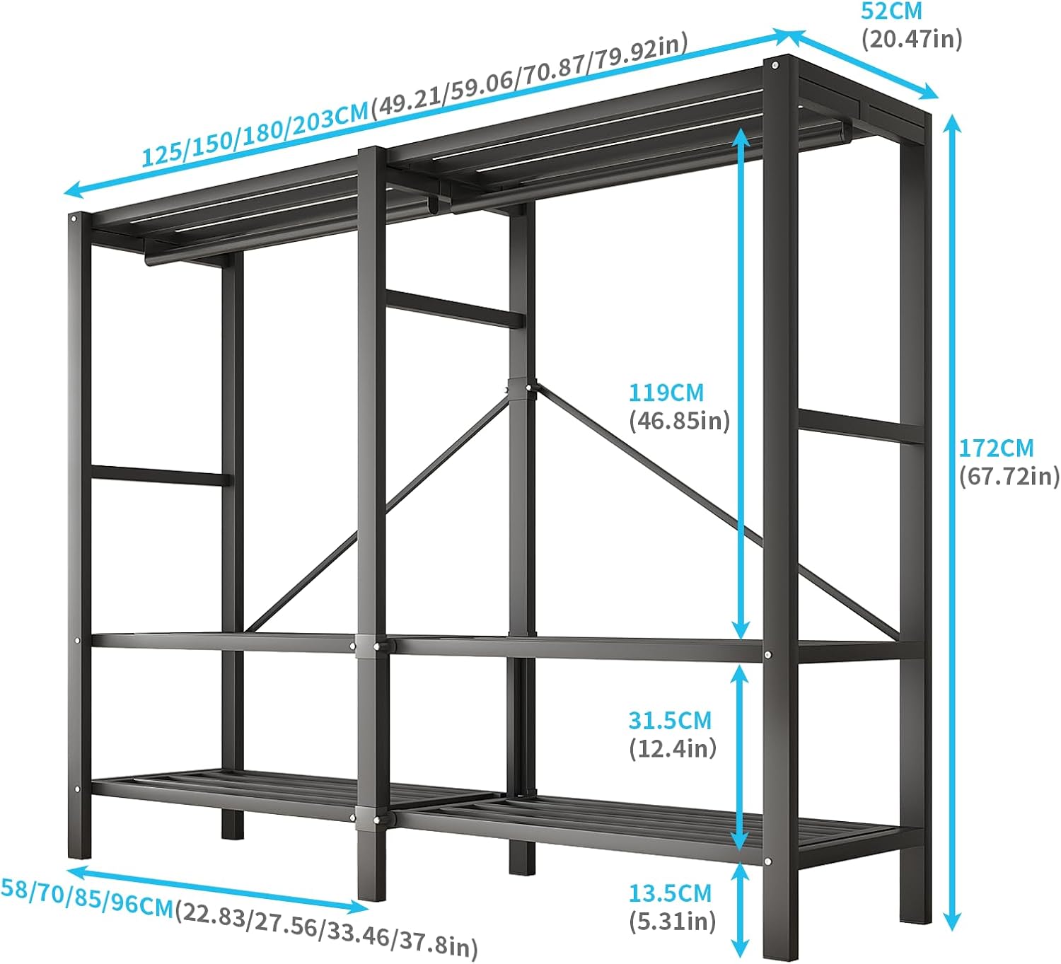 71in Heavy Duty Portable Closet with Cover, 1500lbs Foldable Covered Metal Clothing Wardrobe Closet System, Heavy Duty Garment Rack for Hanging Clothes, for Bedroom,Apartment,Rental Property, Brown