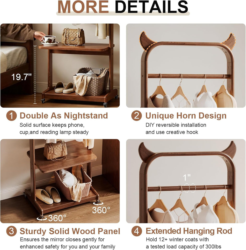 Solid Wood Clothing Racks with Shelves, Rolling Clothes Rack for Hanging Clothes Load 300 LBS, Portable Garment Rack with Wheels for Small Space (Walnut)