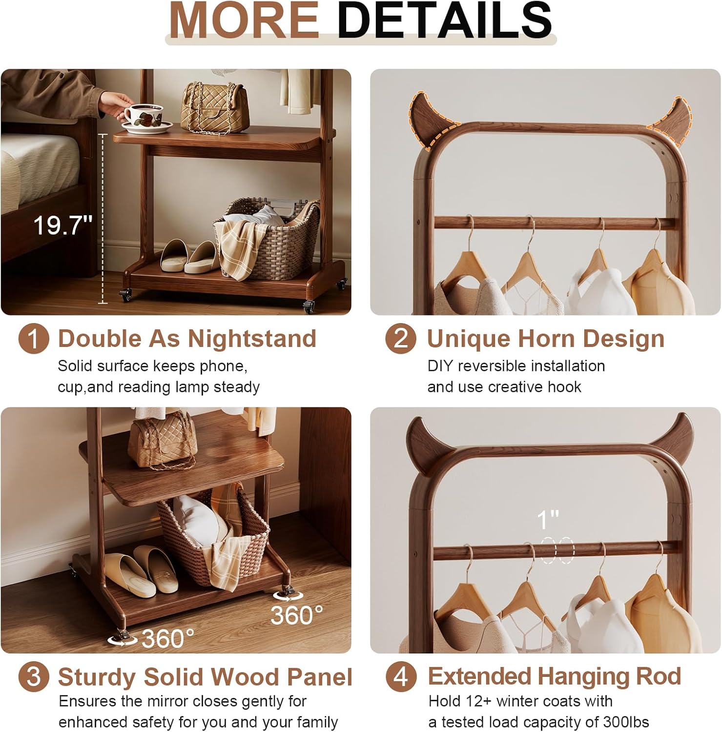 Solid Wood Clothing Racks with Shelves, Rolling Clothes Rack for Hanging Clothes Load 300 LBS, Portable Garment Rack with Wheels for Small Space (Walnut)