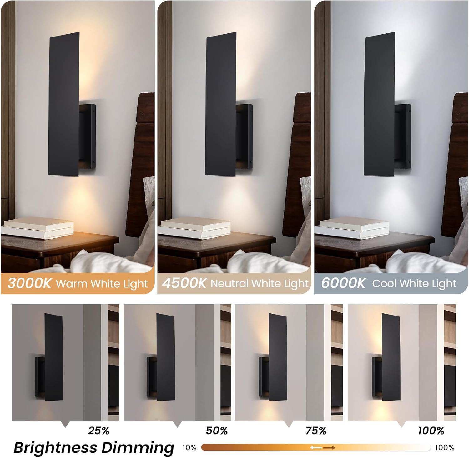 Black Wireless Wall Sconces Set of Two,3000K-6000K Dimmable Battery Operated Wall Sconces with Remote,USB Rechargeable LED Wall Lights for Living Room Bedroom Hallway