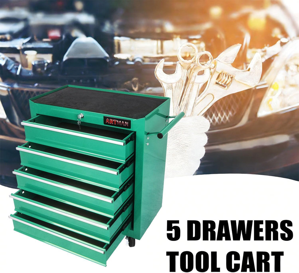 5-Drawer Tool Cart on Wheels, Drawers Rolling Tool Chest with Key Lock, Mobile Trolley Organizer Tools Box with Locking Wheels & Ball Bearing Drawers for Garage,Warehouse,Repair Shop (Green)