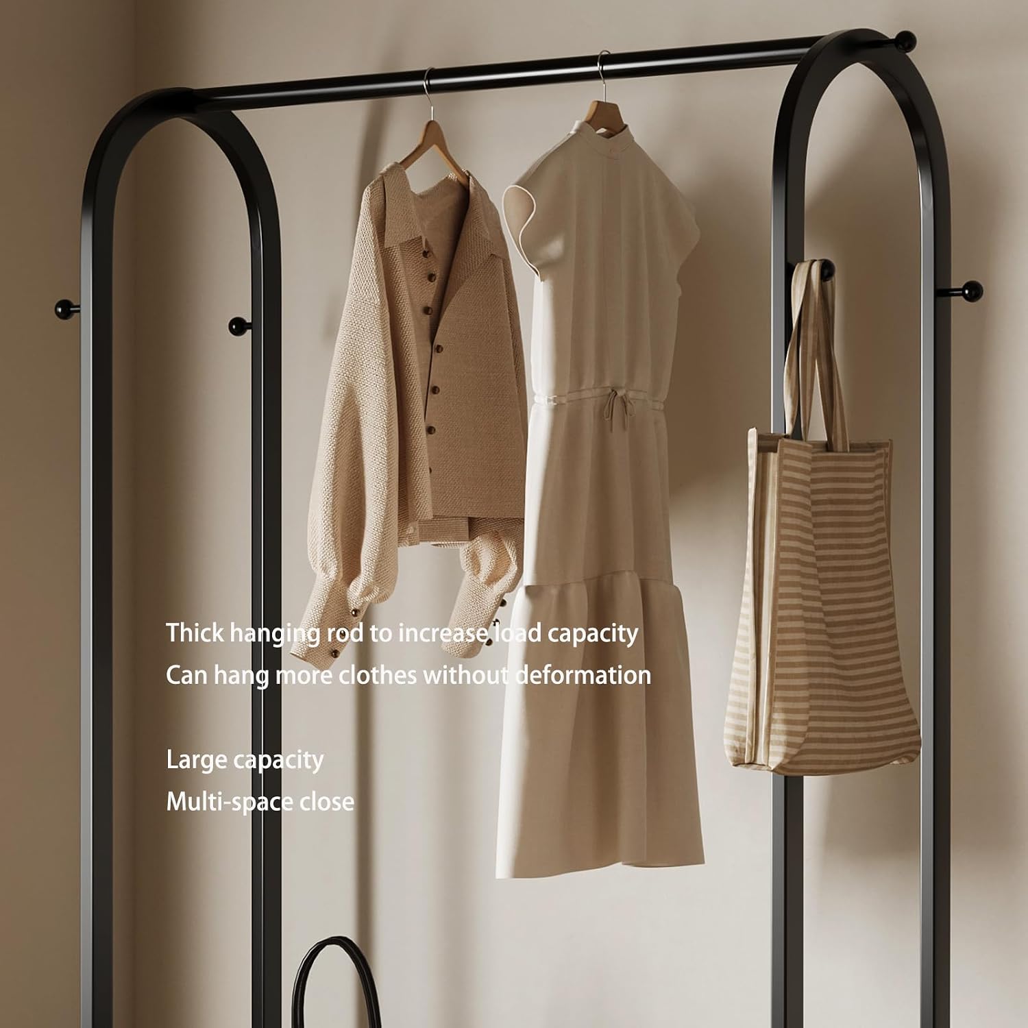 Sturdy metal clothes rack,Black freestanding clothing rack with bottom shelves and 6 side hooks,garment rack for hanging clothes,Wardrobe rack for Bedroom or cloakrooms