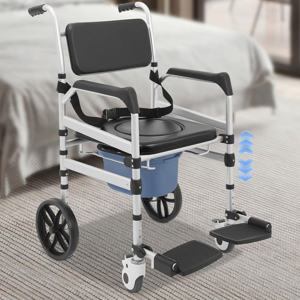 Foldable Shower Chair, Shower Wheelchair with Lockable Wheels Rolling Bedside Commode for Toilet with Height Adjustable & Sponge Padded Seat for Elderly and Disabled Support 330lbs (O-S)