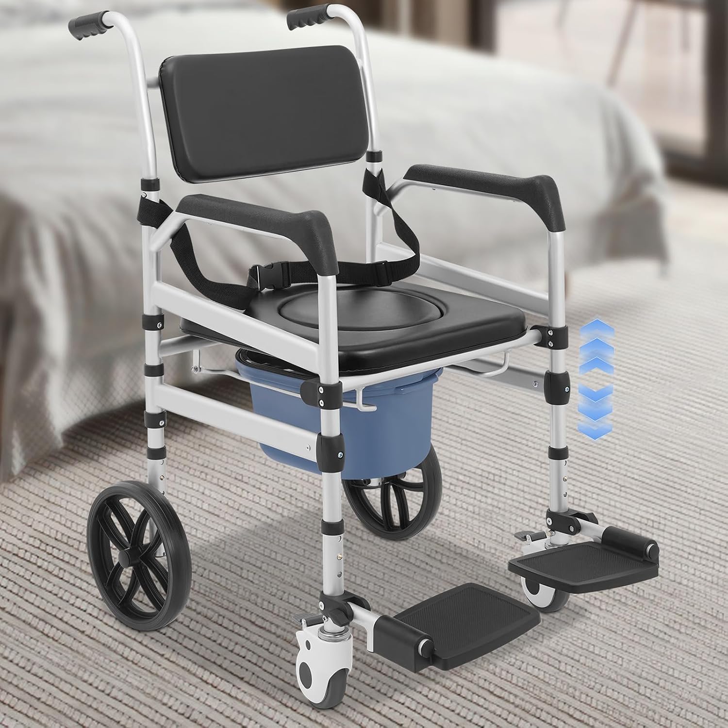 Foldable Shower Chair, Shower Wheelchair with Lockable Wheels Rolling Bedside Commode for Toilet with Height Adjustable & Sponge Padded Seat for Elderly and Disabled Support 330lbs (O-S)