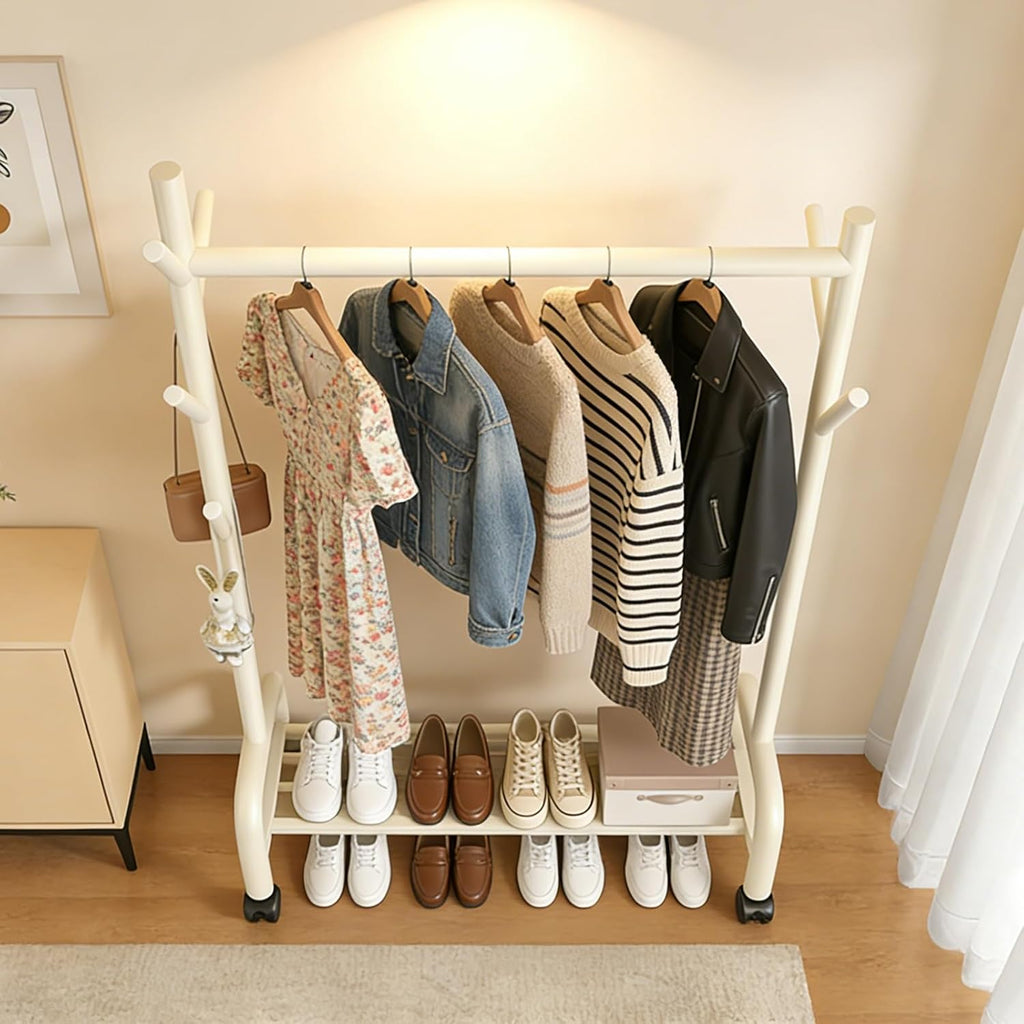 Heavy-Duty Clothes Rack,Rolling Garment Racks With Wheels,Hanging Storage Racks,Freestanding Metal Coat Organizer With Branch Hooks & Bottom Shelf,for Bedroom/Living Room(White,80cm(31.5in))