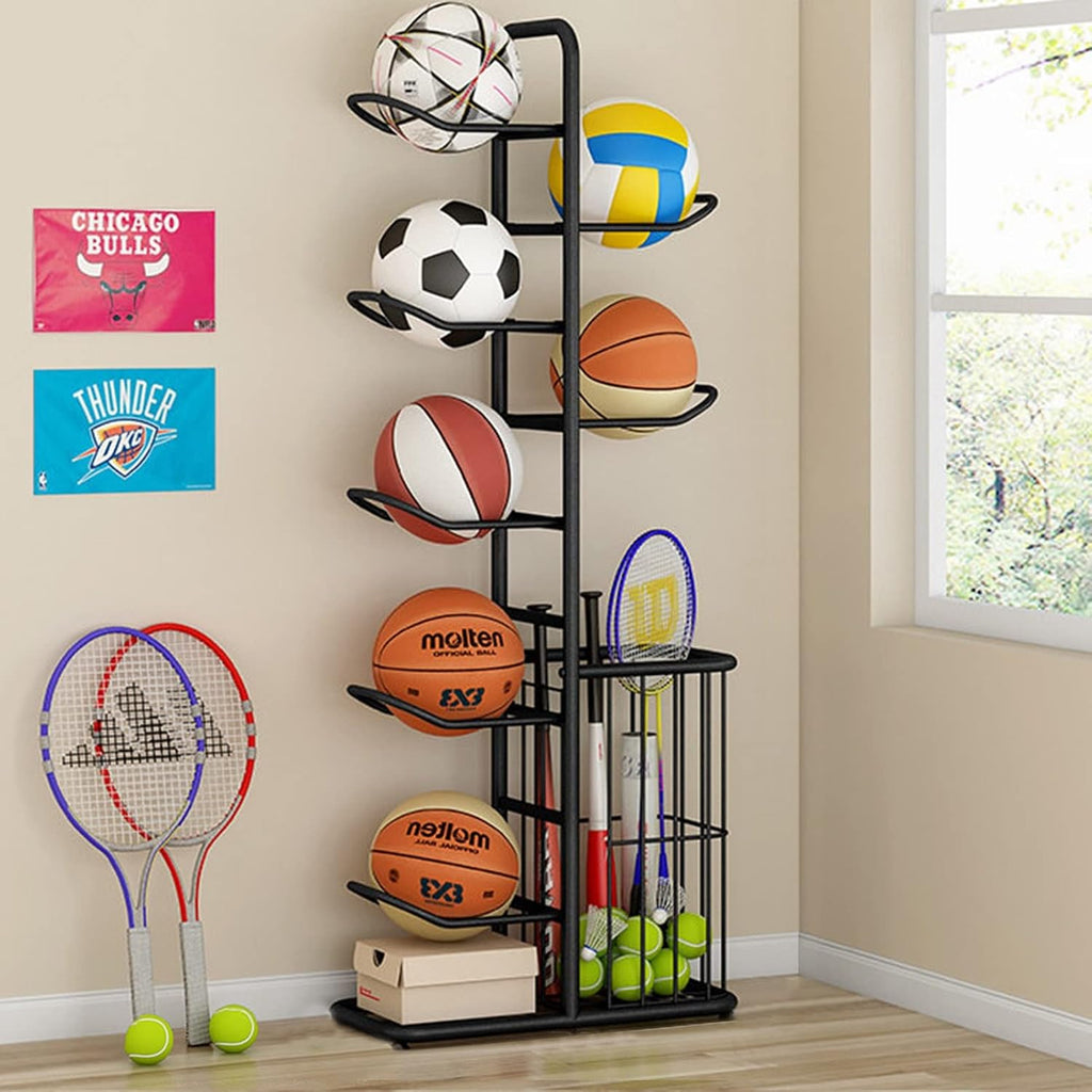 Basketball Ball Storage Rack Ball Storage Display Rack Floor Stand, Vertical Standing Metal Sport Ball Organizer Holder, Basketball Football Volleyball Storage Display