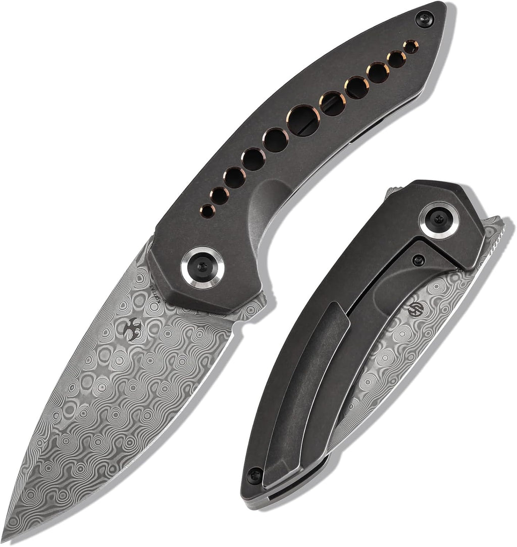 KANSEPT ODD 21 Pocket Folding Knives for Camping Hiking Folding Knife 3.06'' Damascus Blade EDC Knife with Blackwash Titanium with Bronze Anodized Handle for Men and Women Everyday Carry K1077A3