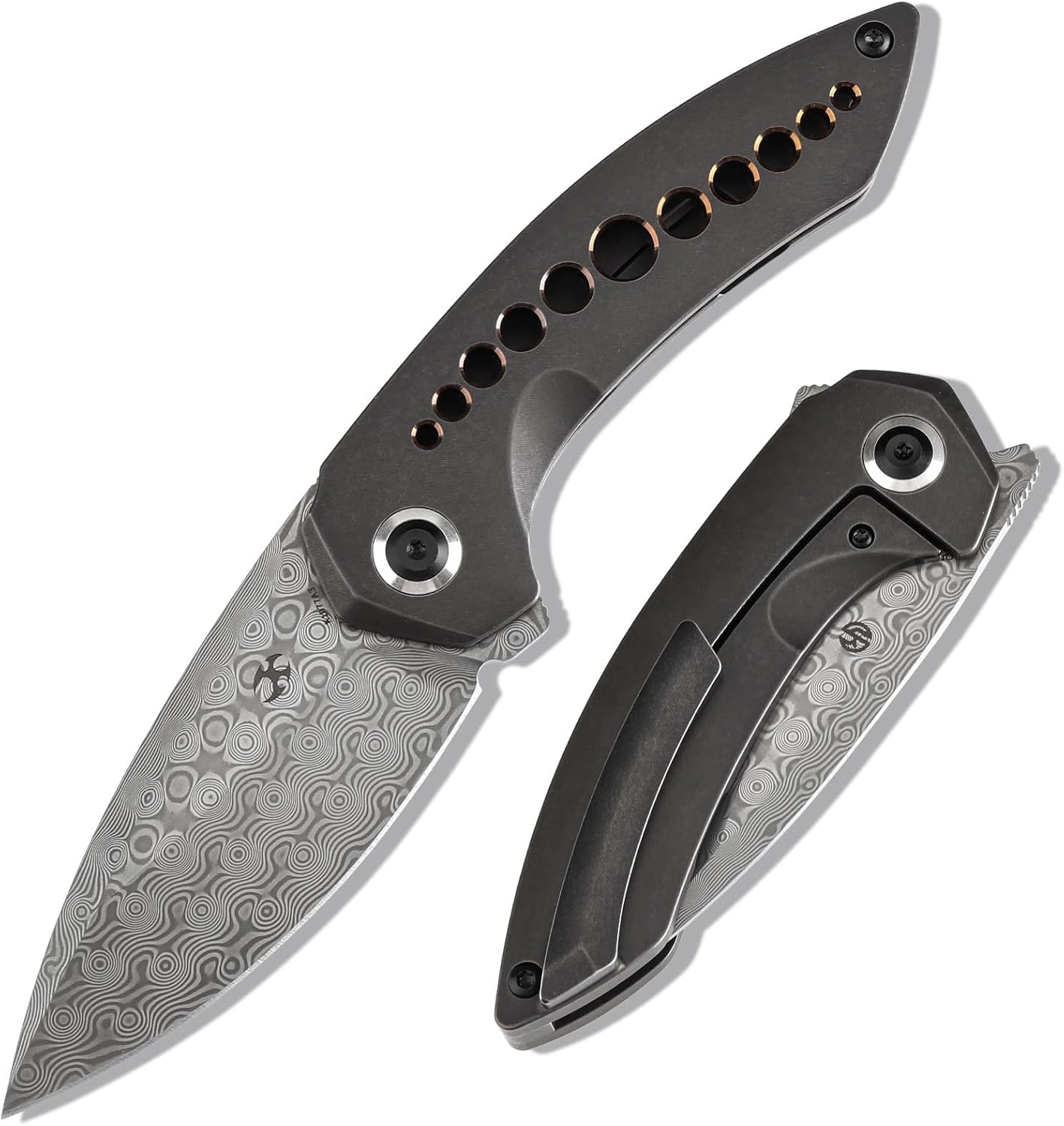 KANSEPT ODD 21 Pocket Folding Knives for Camping Hiking Folding Knife 3.06'' Damascus Blade EDC Knife with Blackwash Titanium with Bronze Anodized Handle for Men and Women Everyday Carry K1077A3