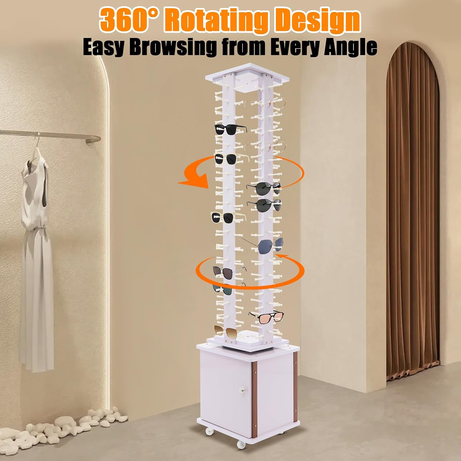 Sunglasses Display Stand, 72 Pairs Wooden 360° Rotating Sunglass Eyeglass Holder Organizer, Glasses Hanger Storage Rack for Retail Commercial Display, L14.2*H66.1in, White