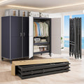 Heavy Duty Covered Clothes Rack with Magnetic Door 1500LBS Foldable Portable Wardrobe Closet for Hanging Clothing Rolling Black Metal Garment Rack on Wheels Closet System (navy blue doors, 39.7in)
