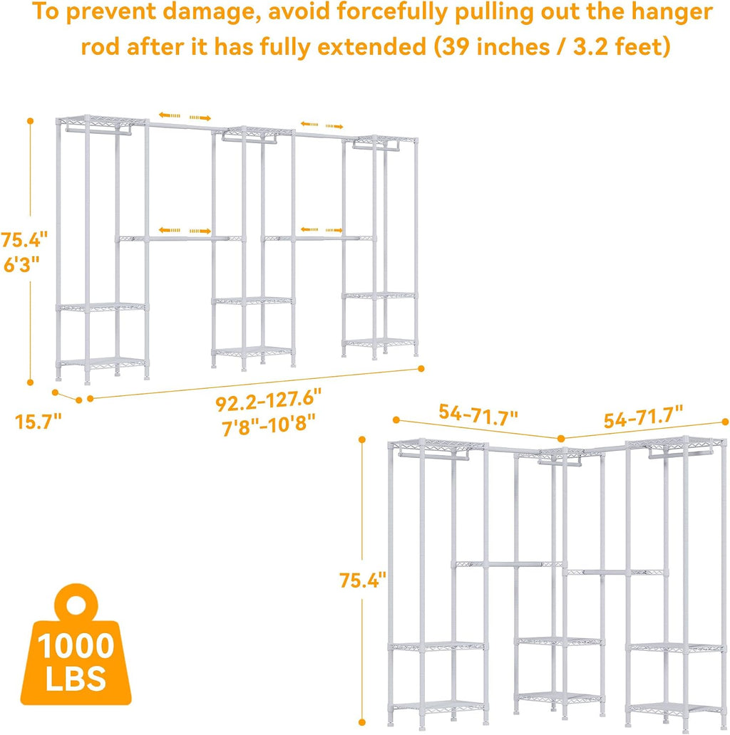 Higeego H11 Heavy Duty Garment Rack, Clothing Rack for Hanging Clothes, Extra Large Closet, Freestanding Wardrobe Closet Organizer and Storage with Hanger Rods, Extendable from 7.8 to 10.8 ft, White