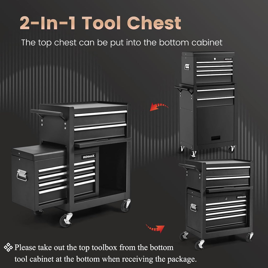 IRONMAX Rolling Tool Chest, 6-Drawer Lockable Tool Cabinet w/ 4 Universal Wheels, 2 in 1 Detachable Tool Box Storage Organizer for Garage Workshop Repair Shop (6-Drawer, Black)