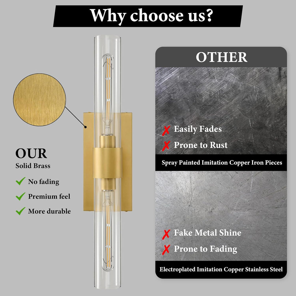 Gold Brass Bathroom Wall Sconce - Set of 2 Modern Long Linear Dimmable Sconces - Clear Glass Tube Vanity Light - Vertical or Horizontal Mounted Lighting Fixture for Indoor Bedroom Living Room Hallway