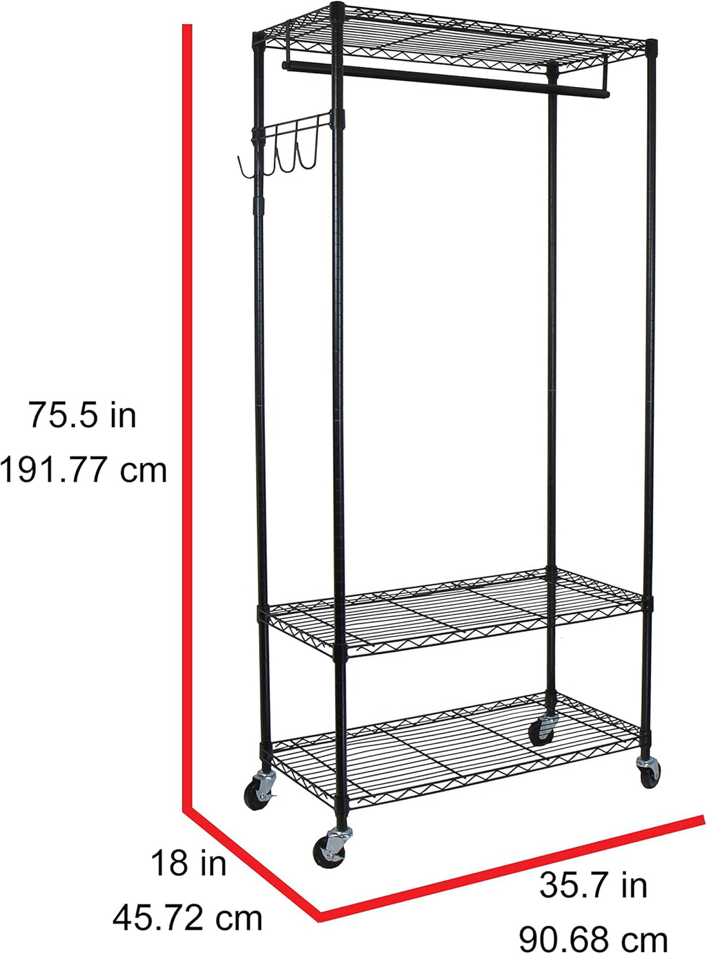 Oceanstar Heavy Duty Rolling Storage Garment Rack with Adjustable Shelves and Hook,Black