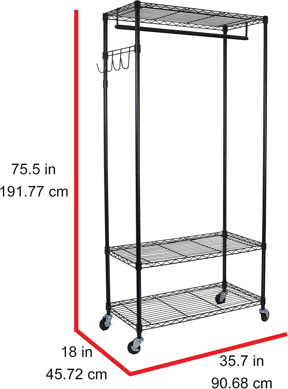 Oceanstar Heavy Duty Rolling Storage Garment Rack with Adjustable Shelves and Hook,Black