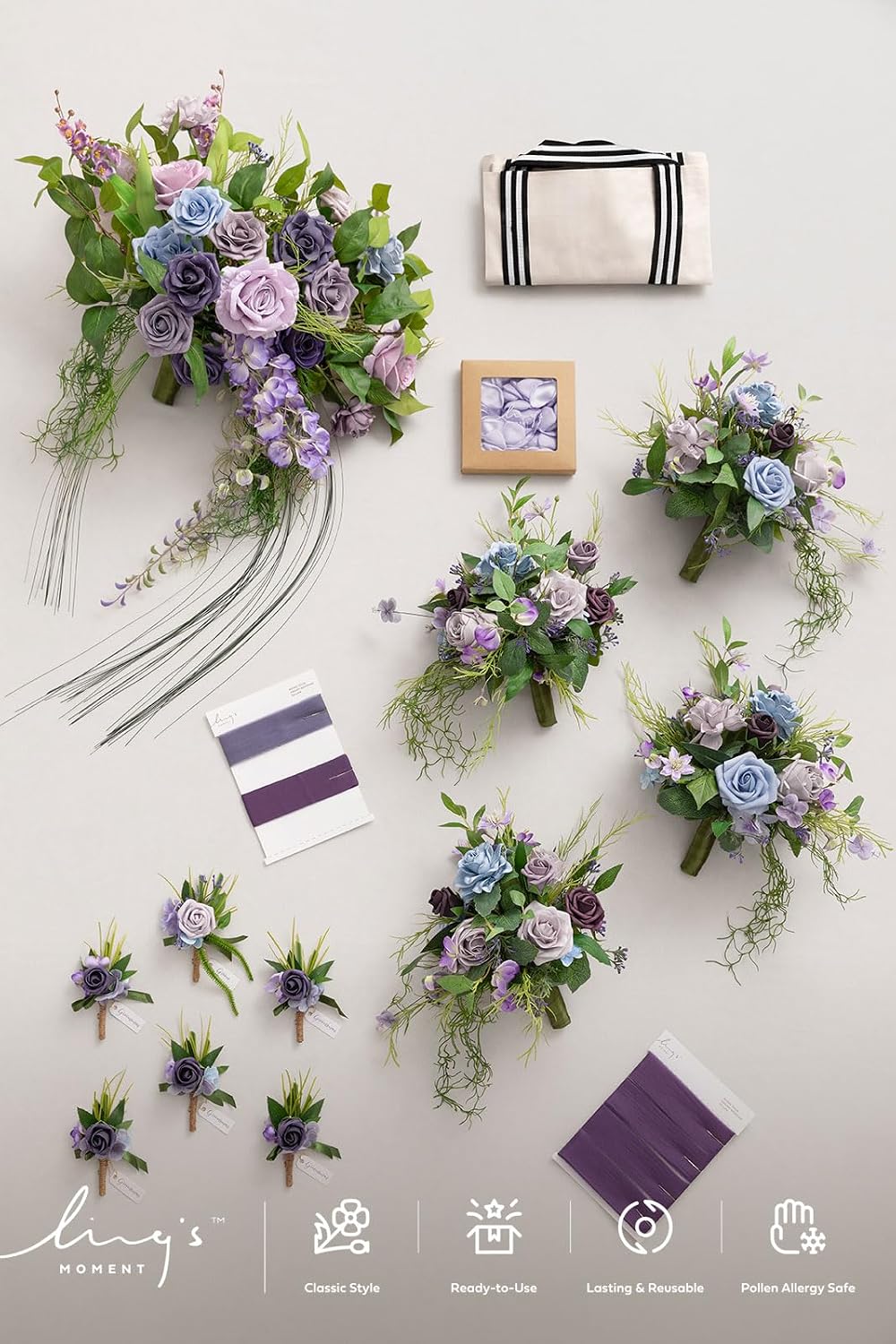 Ling's moment Wedding Artificial Flowers Package, Bridal Bouquet, Bridesmaid Bouquets, Boutonniere for Men, Rose Petals.Sage Purple Provence