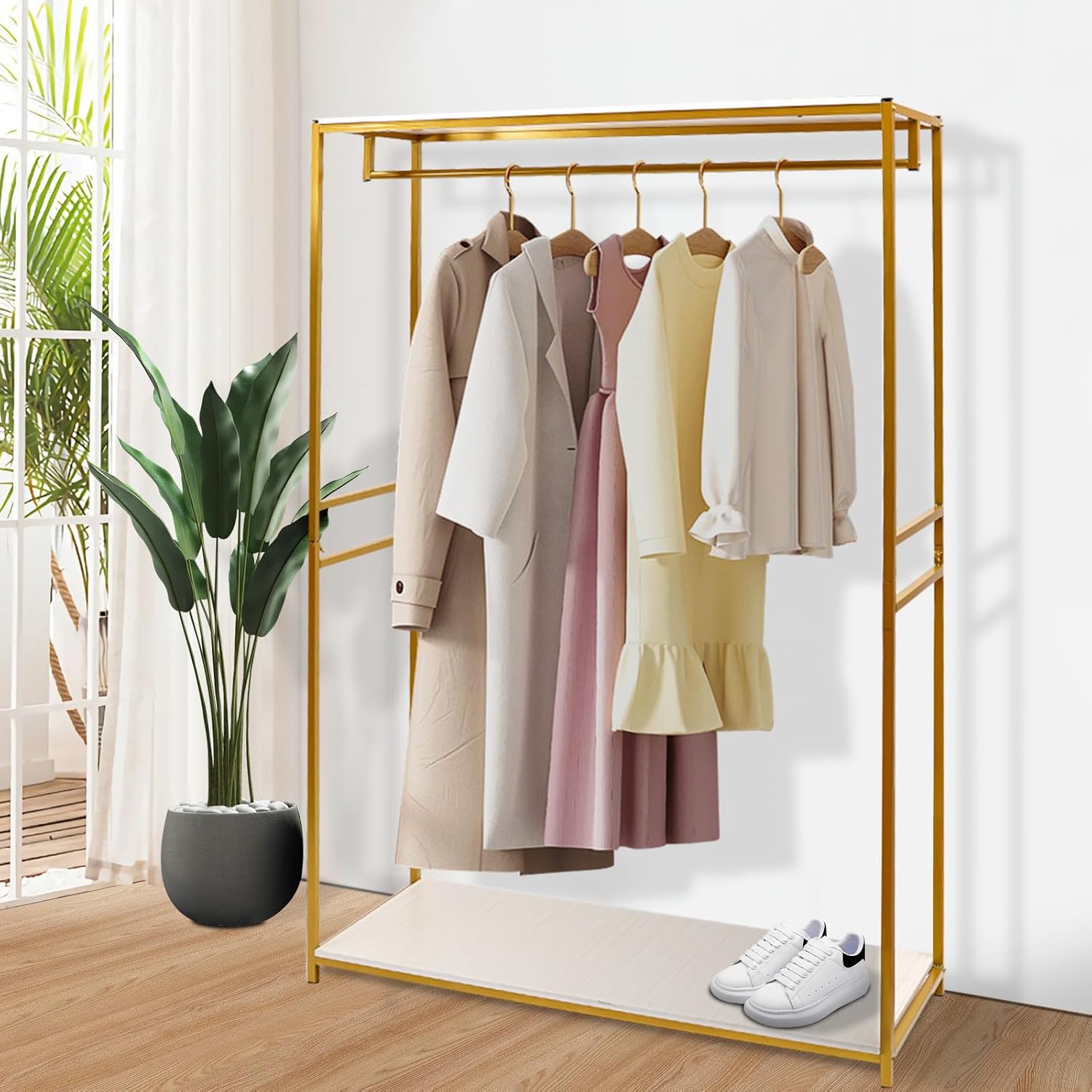 Clothing Racks with Shelf,Wedding Dress Display Rack,Heavy Duty Commercial Garment Clothes Rack for Retail Display,Gold