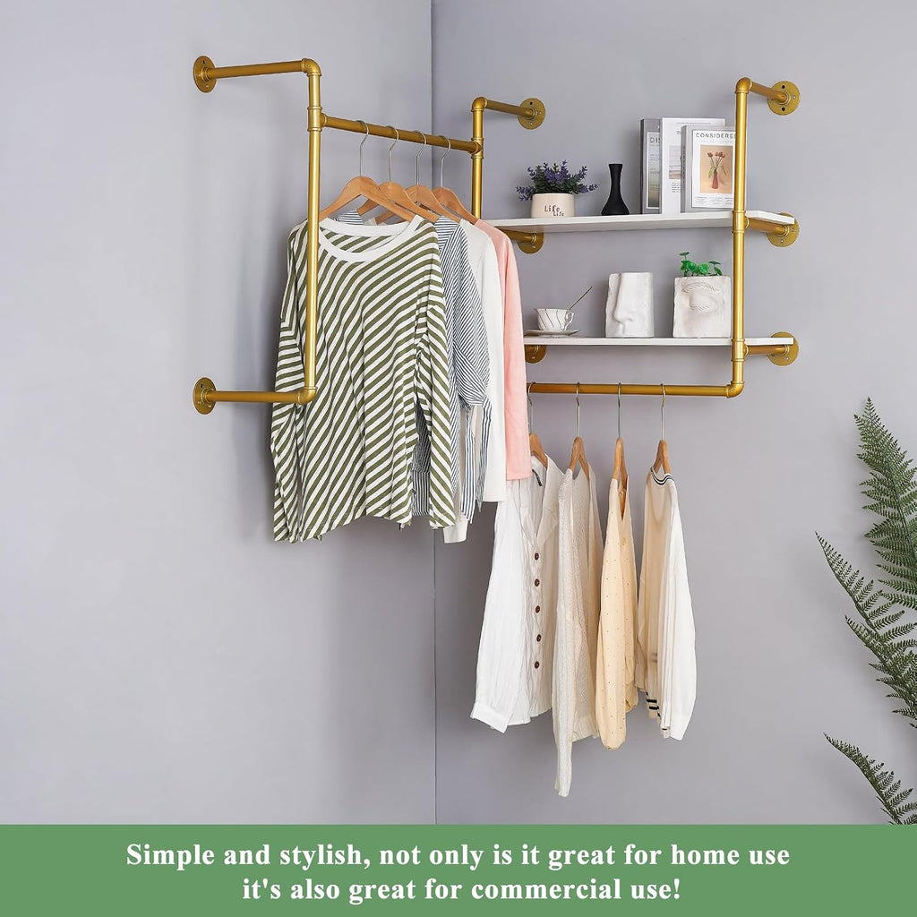 Industrial Pipe Wall-Mounted Clothing Rack with 2 Wood Shelves - Heavy Duty Double Rod Metal Garment Organizer for Bedroom/Retail Stores, Gold (30H×12.5D×59W inch)