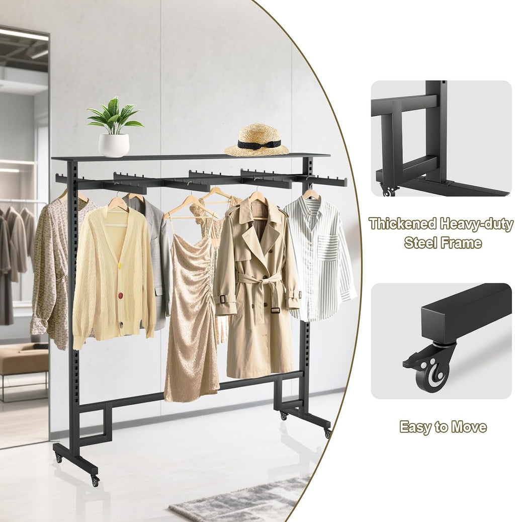 Retail Clothing Rack with Adjustable 8 Arms, Portable Boutique Display Hanging Stand on Wheels and Top Shelf, Floor Standing Metal Garment Shirts Racks, Black