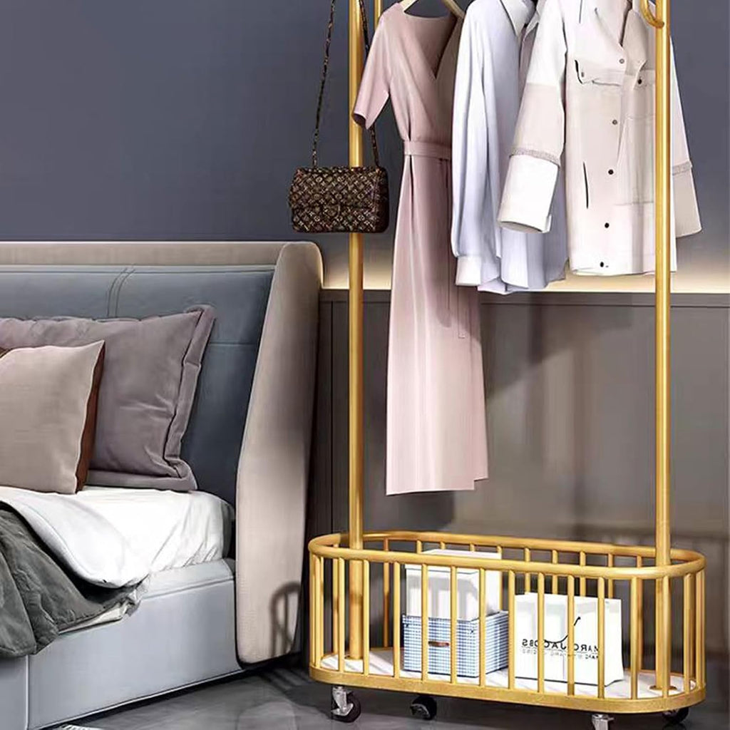 Gold Rolling Clothing Rack with Wheels and Basket Storage,31.5IN Metal Moveable Large Coat Rack Decorative Gold Clothing Rack for Hanging Clothes