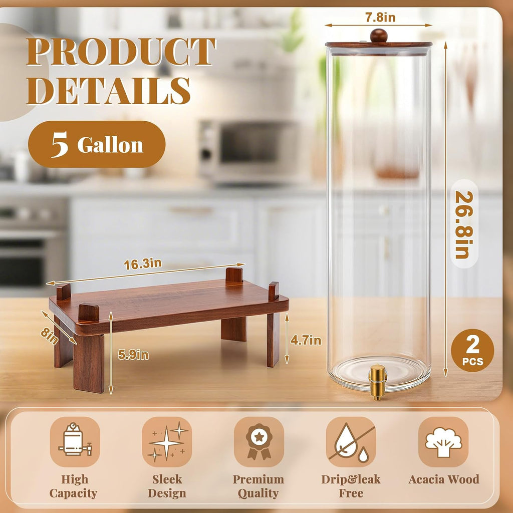 FillTouch 2 Pack 5 Gallon Glass Drink Dispenser with Acacia Wood Stand and Lid, Large Glass Beverage Dispenser with Spigot Perfect for Juice, Tea, Sangria, Lemonade, Weddings, Party, Outdoor Events