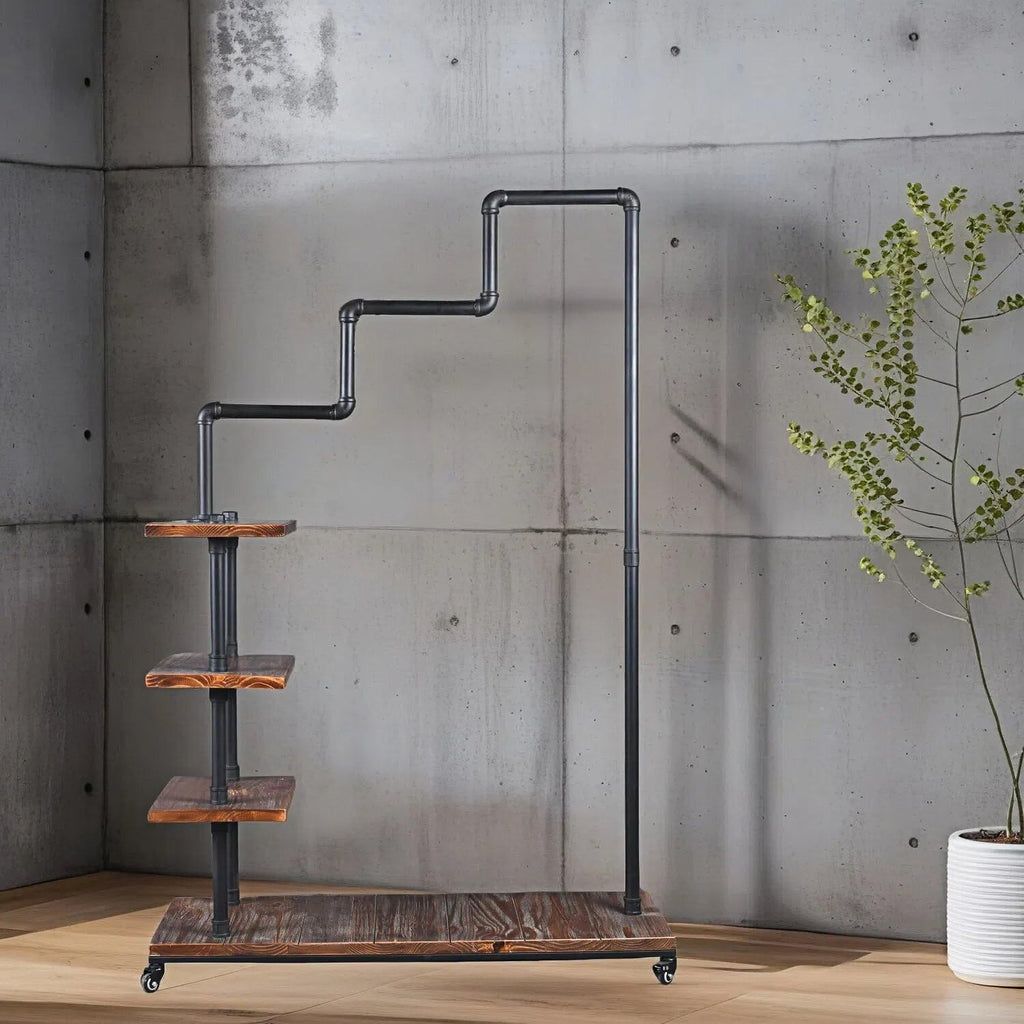 Industrial Pipe Clothing Rack 4 Layers Pine Wood Shelving Shoes Rack With Wheels Cloth Hanger Household Shoe Rack Pipe Shelf Garment Racks