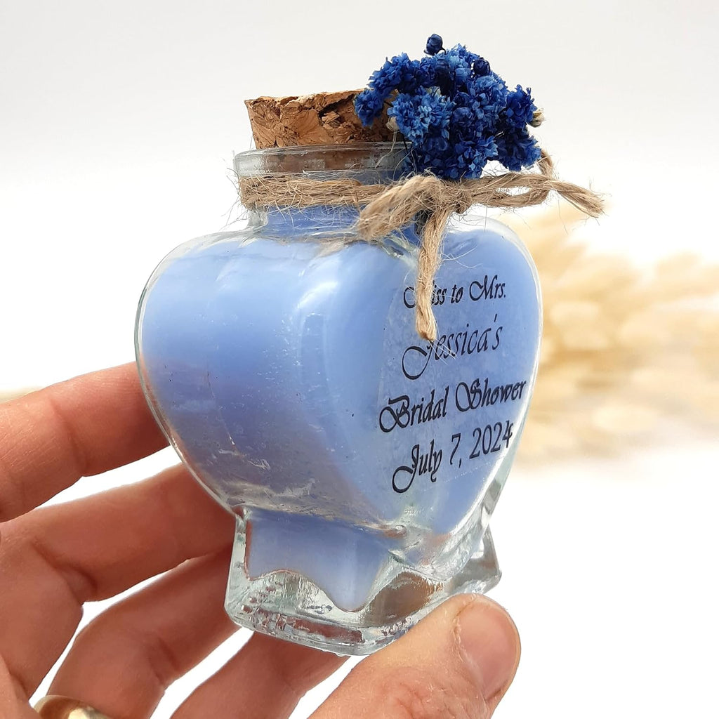 Wedding Favor guest Bulk, Set of Heart Glass Candle Party with custom sticker and dried flowers Bridal Party, Baby shower gifts (Blue Heart Glass, Set of 50)