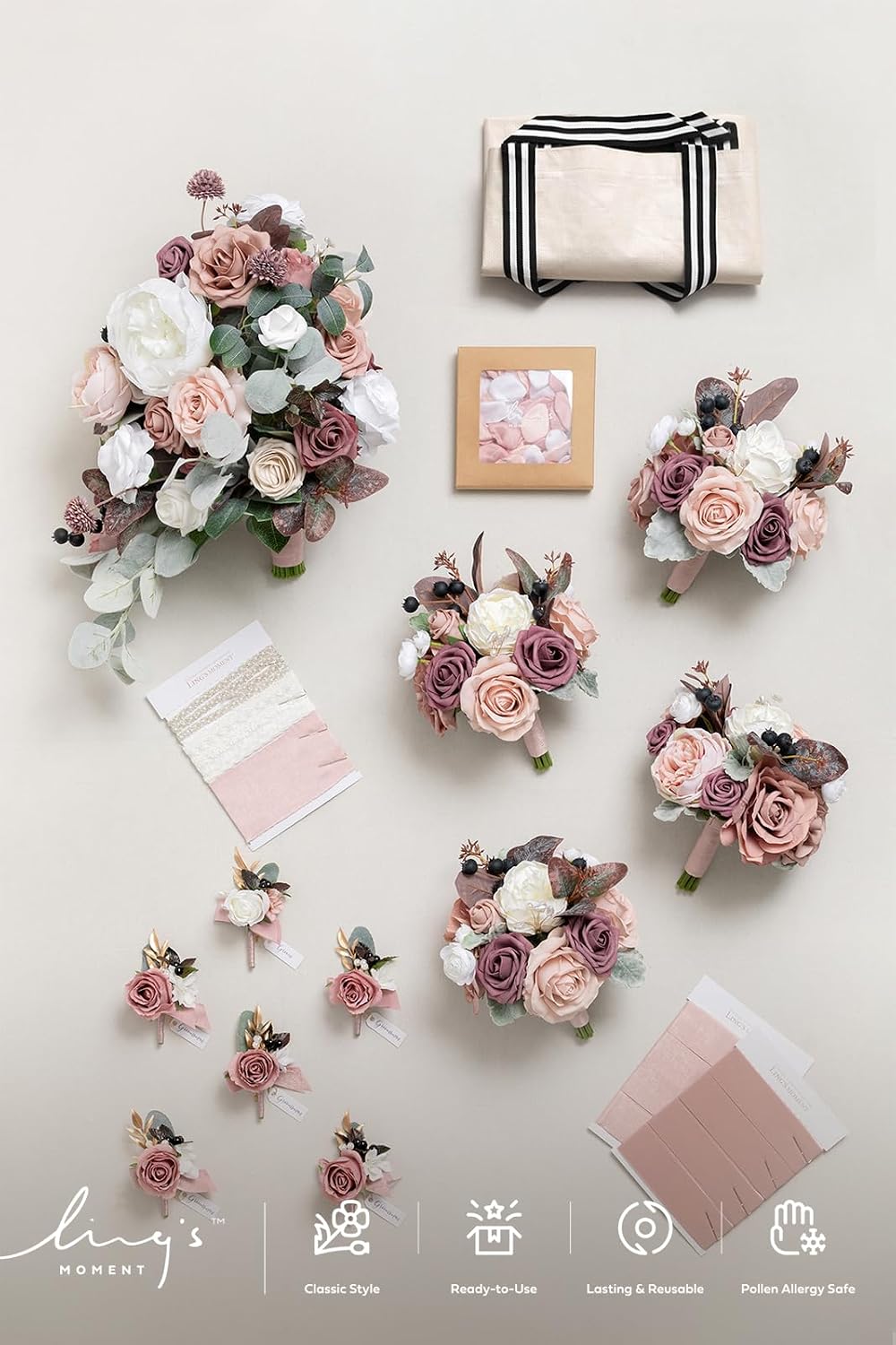 Ling's moment Wedding Artificial Flowers Package, Bridal Bouquet, Bridesmaid Bouquets, Boutonniere for Men, Rose Petals.Dusty Rose Muave