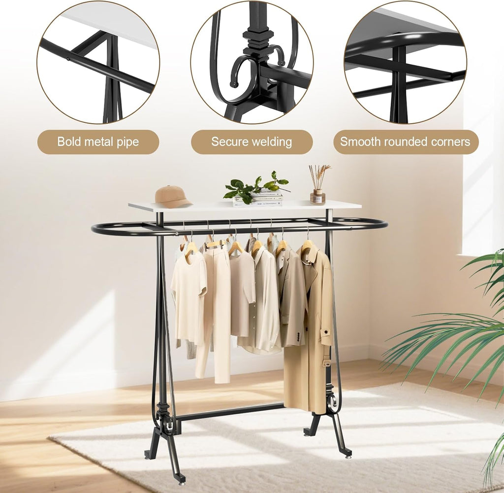 Round Garment Rack, Floor Standing Clothes Retail Display Stand, Oval Iron Clothing Rack with Wooden Topper, Suitable for Boutique Home Commercial Shop (White)