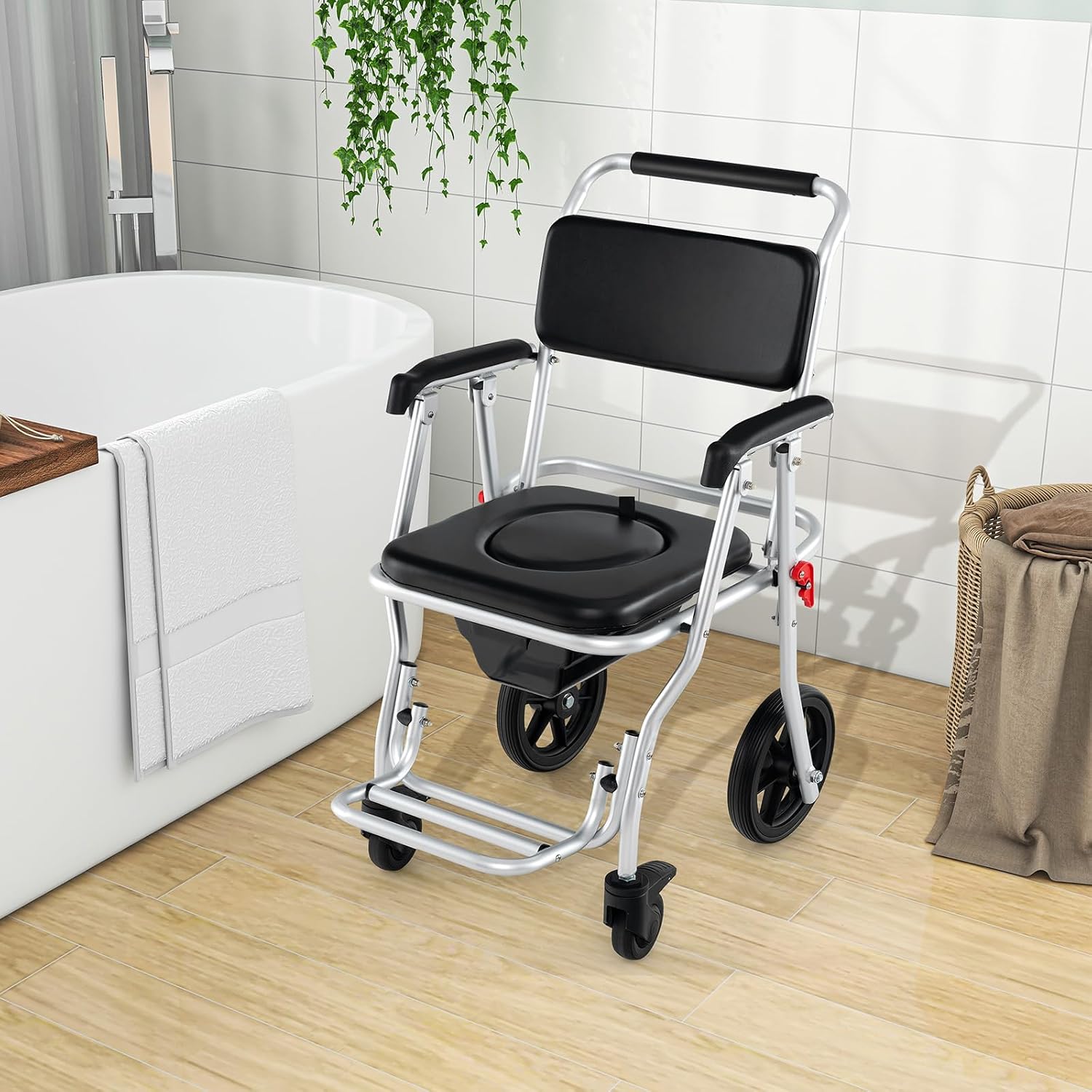 Giantex Bedside Commode Wheelchair for Toilet - Foldable Shower Chair with Arms, Lockable Casters, Detachable Bucket, Transport Wheelchair, Rolling Bath Chair, Shower Seats for Elderly, Handicap