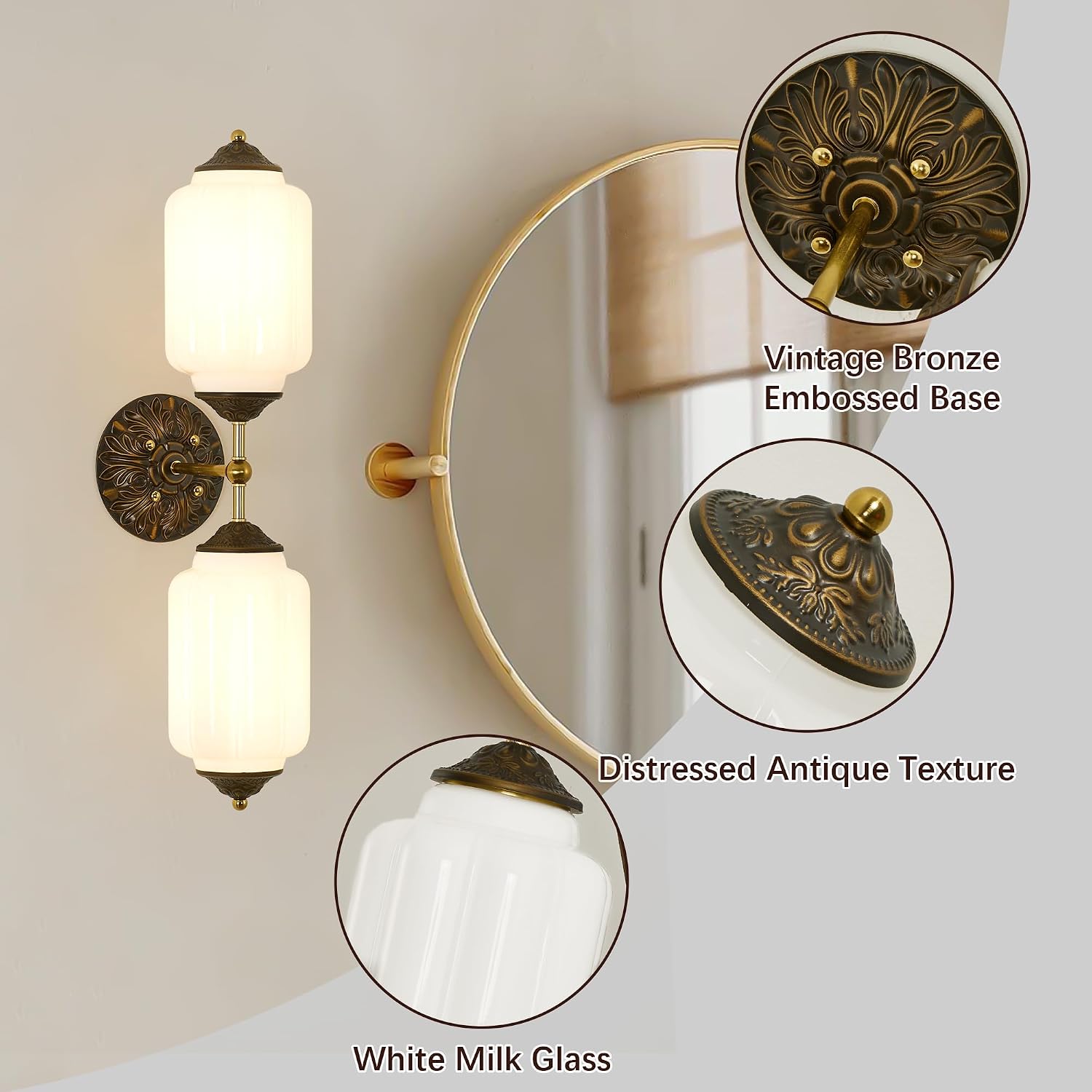 Vintage Milk Glass Bathroom Wall Sconce - 25' Mid Century Dimmable Vanity Light with Bulb - Vertical or Horizontal Mounted Sconces - Modern Brass Gold Lighting Fixture for Indoor Bedroom Hallway Decor